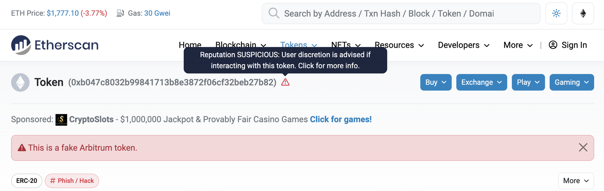 Token penipuan di Etherscan